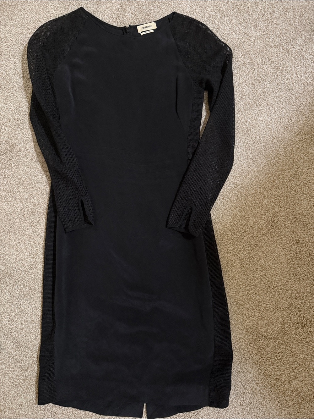 L’Agence Black Long-Sleeve Textured Panel Sheath Dress 💯 silk